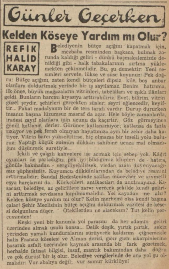 Refik Halit'İn, beş parasız olan vatandaşlar için öngörülen vergiyi eleştirdiği yazısı
