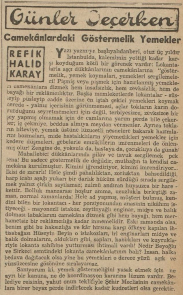 Refik Halit camekanlarda göstermelik yemekler başlıklı yazısı