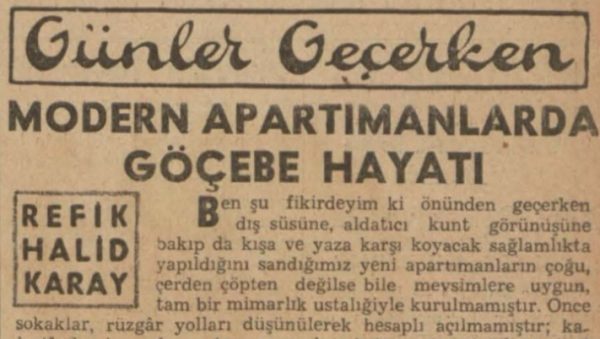 Refik Halit’in “Modern apartmanlarda göçebe hayatı” başlıklı yazısı