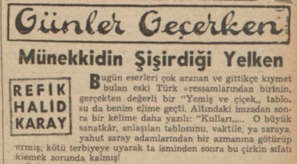 Refik Halit’in “Münekkidin şişirdiği yelken” başlıklı yazısı