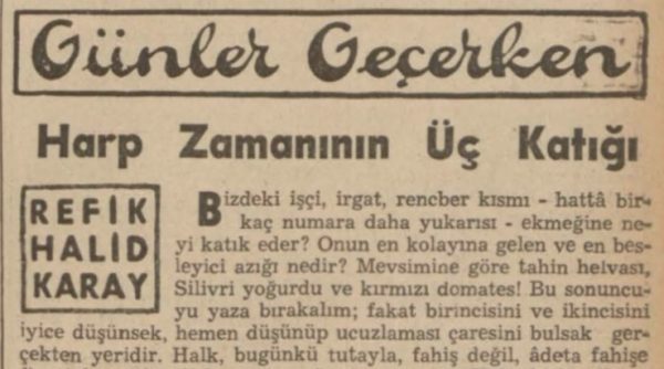 Refik Halit’in “Harp zamanının üç katığı” başlıklı yazısı