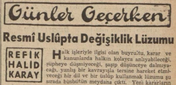Refik Halit’in “Resmi üslupta değişiklik lüzumu” başlıklı yazısı