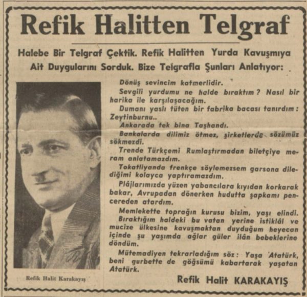 2 Haziran 1938: “Refik Halit’ten Telgraf”