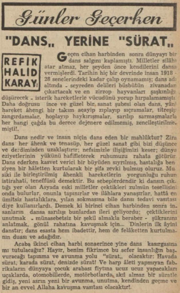 Refik Halit'in "Dans yerine sürat" başlıklı yazısı