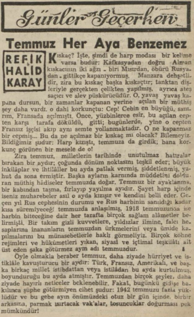 Refik Halid'in "Temmuz her aya benzemez" başlıklı yazısı