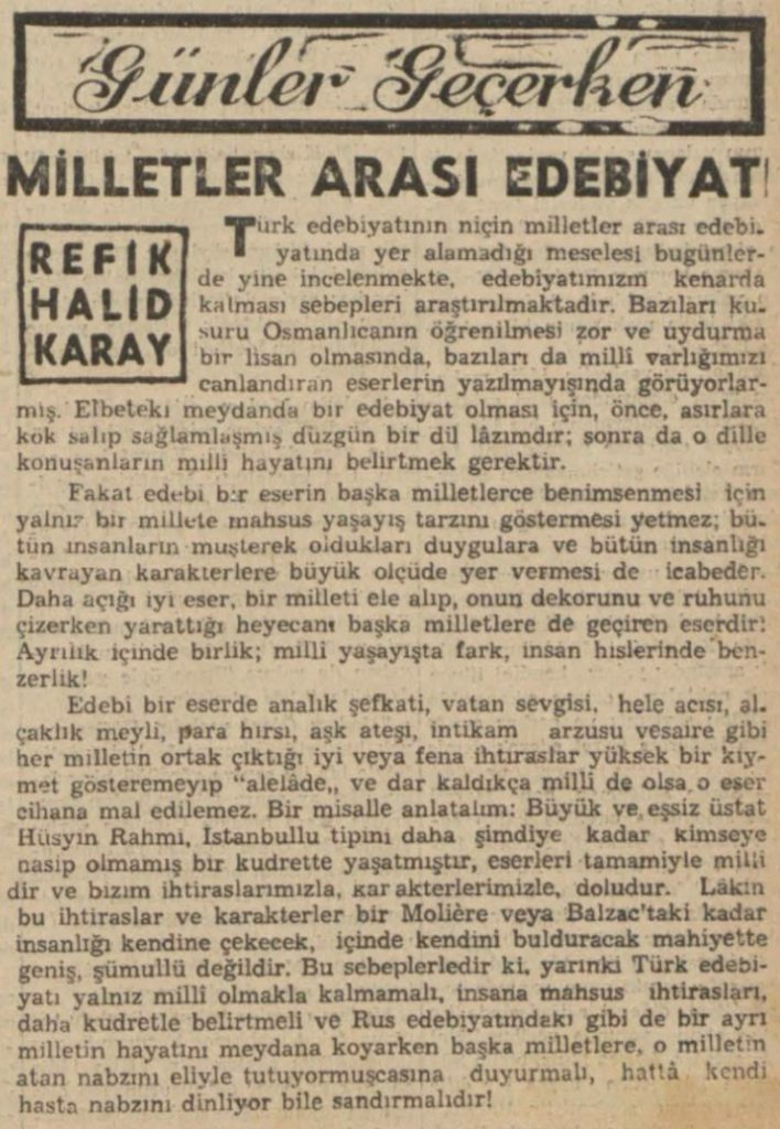 Refik Halit'in "Milletlerarası edebiyat" başlıklı yazısı