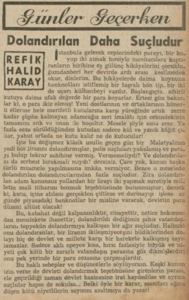 Refik Halit'in "Dolandıran daha suçludur" başlıklı yazısı
