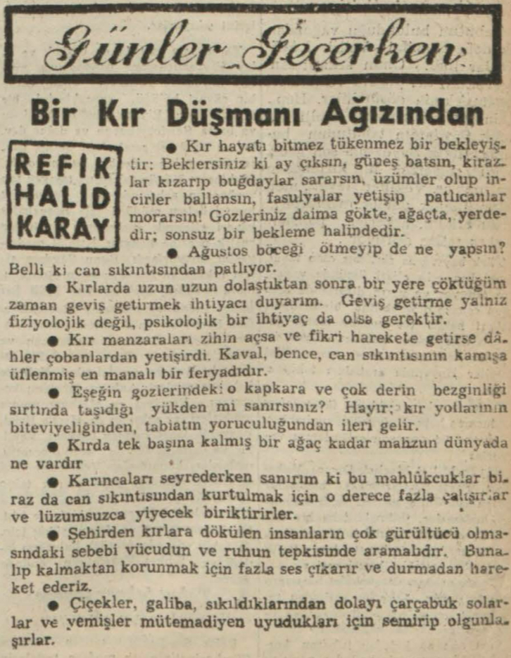 Refik Halit'in "Kır düşmanı ağzından" başlıklı yazısı