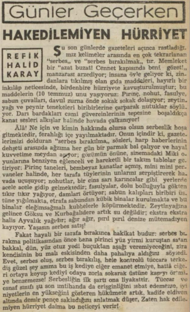 Refik Halit'in "Hak edilmeyen hürriyet" başlıklı yazısı