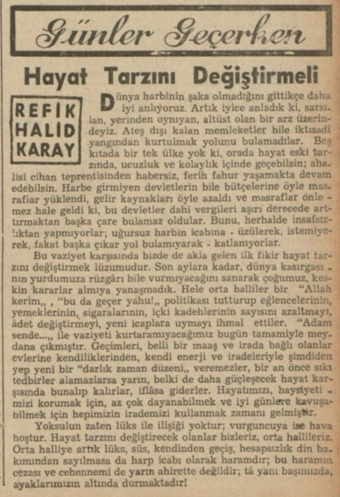 Refik Halit'in "Hayat tarzını değiştirmeli" başlıklı yazısı