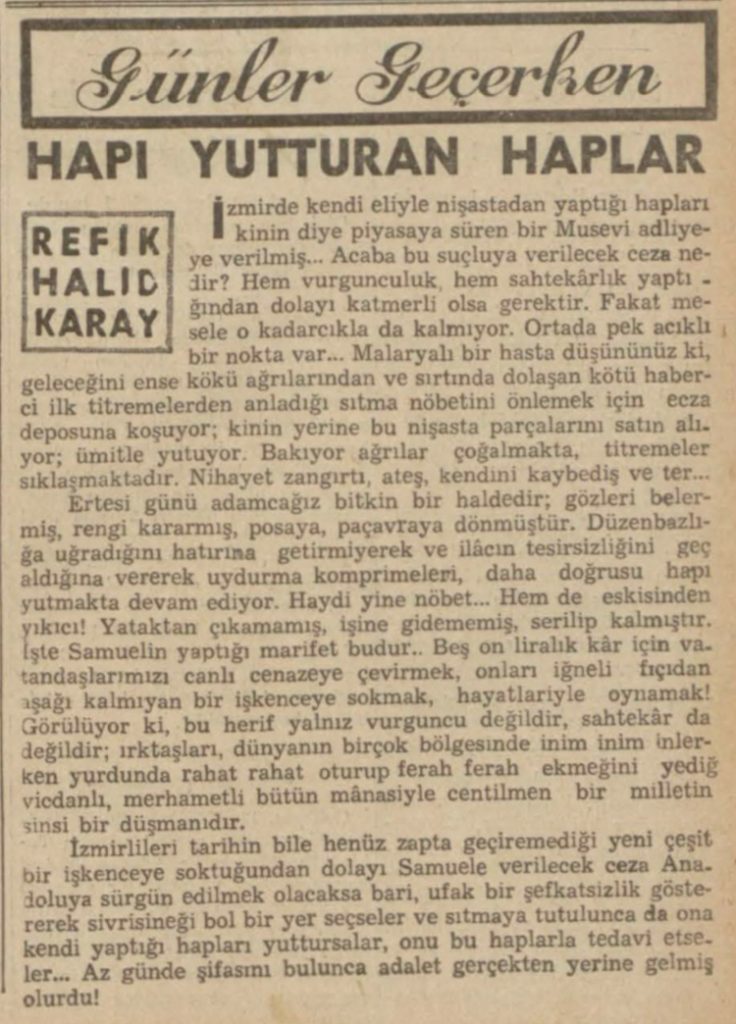 Refik Halit'in "Hapı yutturan haplar" başlıklı yazısı