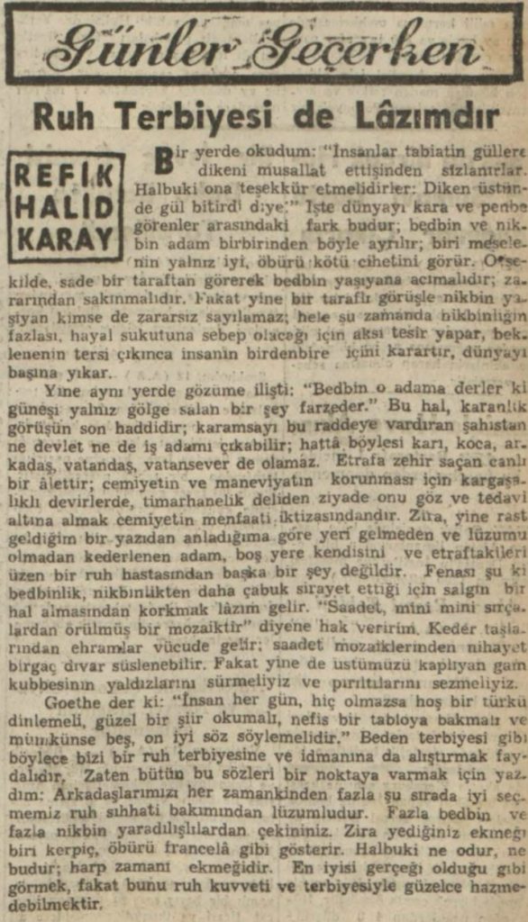Refik Halit'in "Ruh terbiyesi de lazımdır" başlıklı yazısı