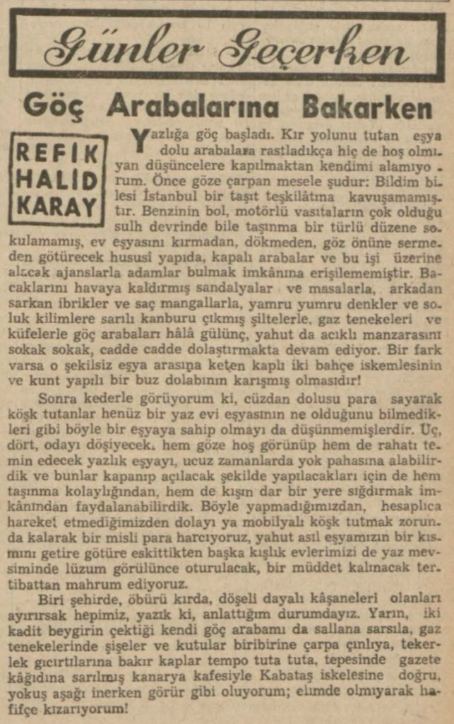 Refik Halit'in "Göç arabalarına bakarken" başlıklı yazısı