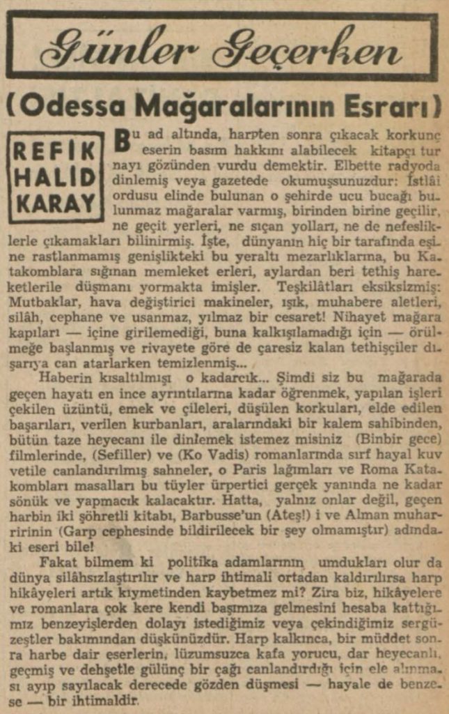 Refik Halit'in "Odessa Mağaralarının esrarı" başlıklı yazısı