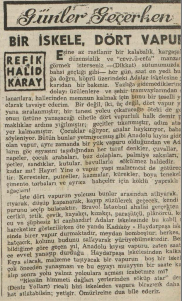 Refik Halit'in "Bir iskele, dört vapur" başlıklı yazısı