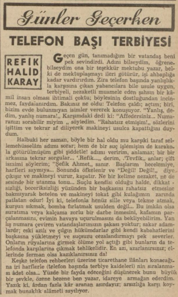 Refik Halit'in "Telefon başı terbiyesi" başlıklı yazısı