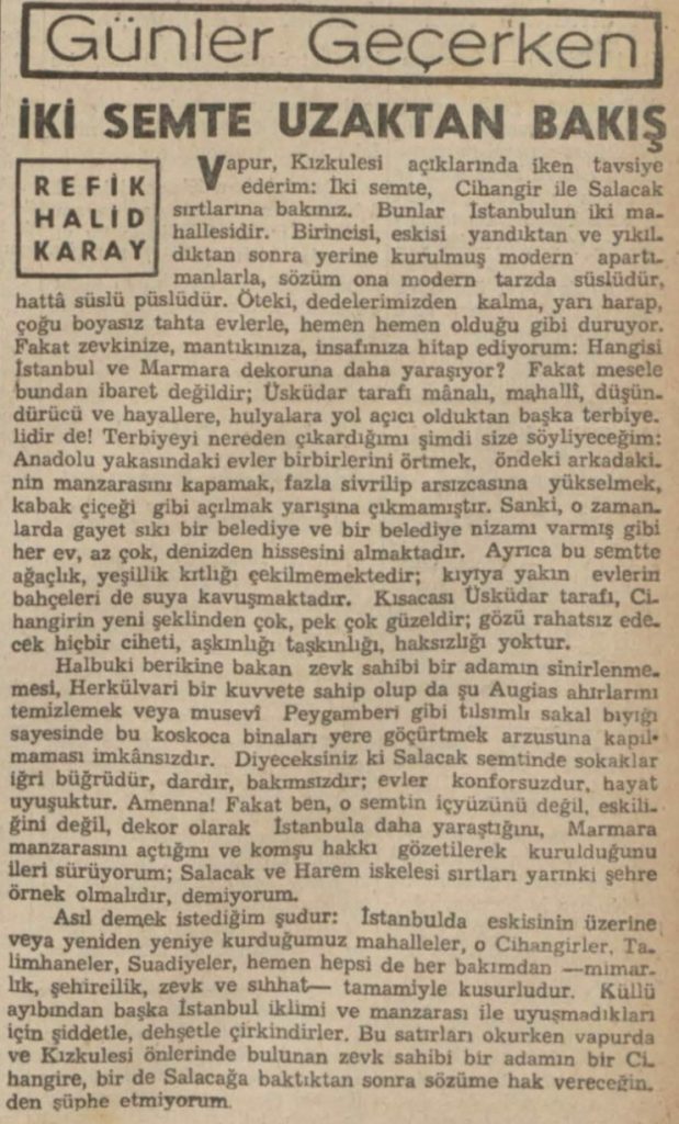 Refik Halit'in "İki semte uzaktan bakış" başlıklı yazısı