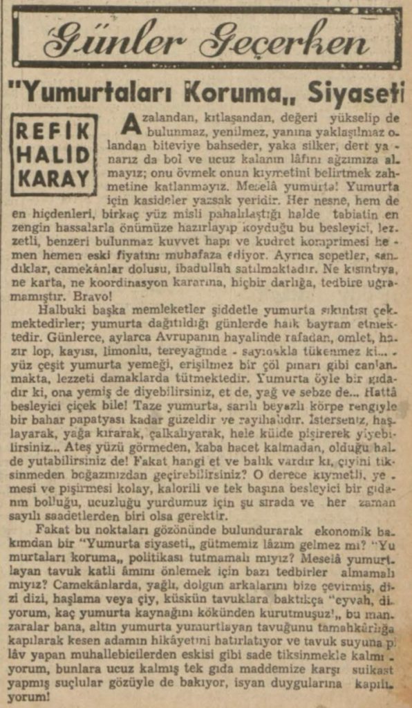 Refik Halit'in "Yumurtaları koruma siyaseti" başlıklı yazısı