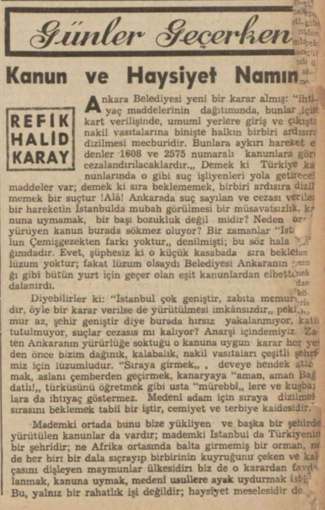 Refik Halit'in "Kanun ve haysiyet namına" başlıklı yazısı