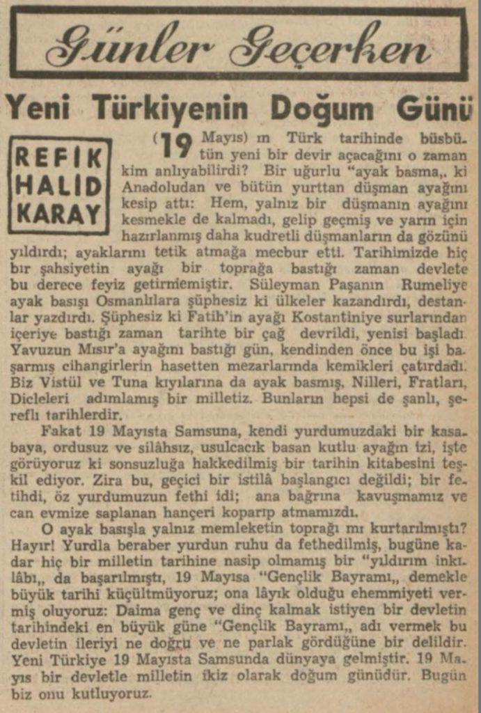 Refik Halit'in "Yeni Türkiyenin doğum günü" başlıklı yazısı