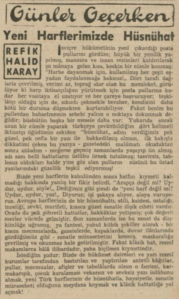 Refik Halit'in "Yeni harflerimizde hüsnühat" başlıklı yazısı
