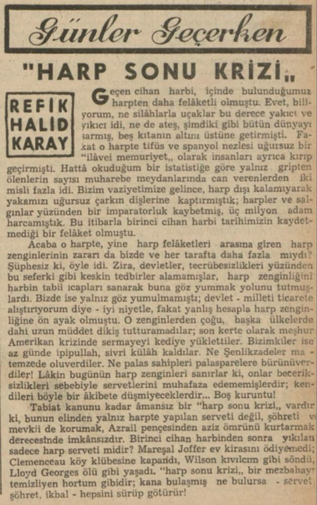 Refik Halit'in "Harp sonu krizi" başlıklı yazısı