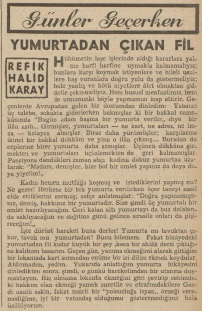 Refik Halit'in "Yumurtadan çıkan fil" başlıklı yazısı