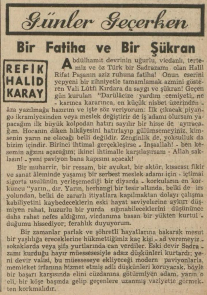 Refik Halit'in "Bir Fatiha ve bir şükran" başlıklı yazısı