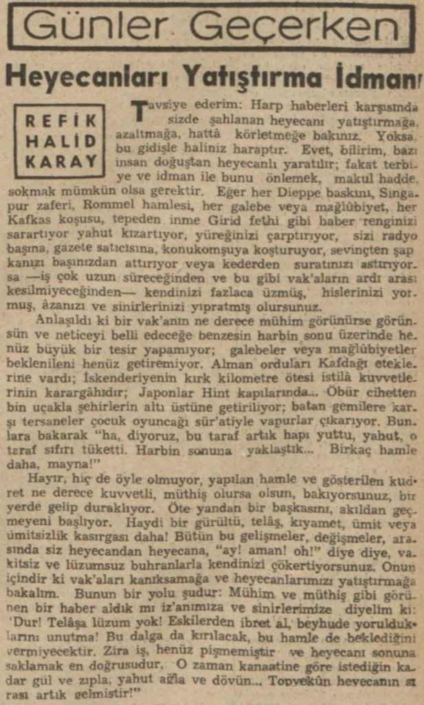 Refik Halit'in "Heyecanları yatıştırma idmanı" başlıklı yazısı