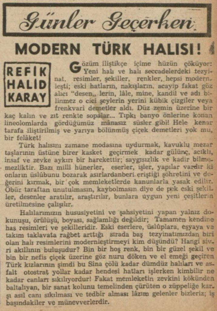 Refik Halit'in "Modern Türk halısı" başlıklı yazısı