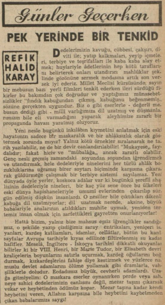 Refik Halit'in "Pek yerinde bir tenkit" başlıklı yazısı