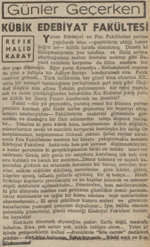 Refik Halit'in "Kübik edebiyat fakültesi" başlıklı yazısı
