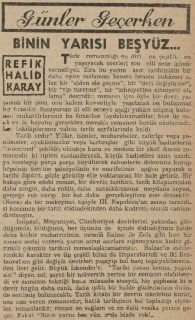 Refik Halit'in "Binin yarısı beşyüz" başlıklı yazısı