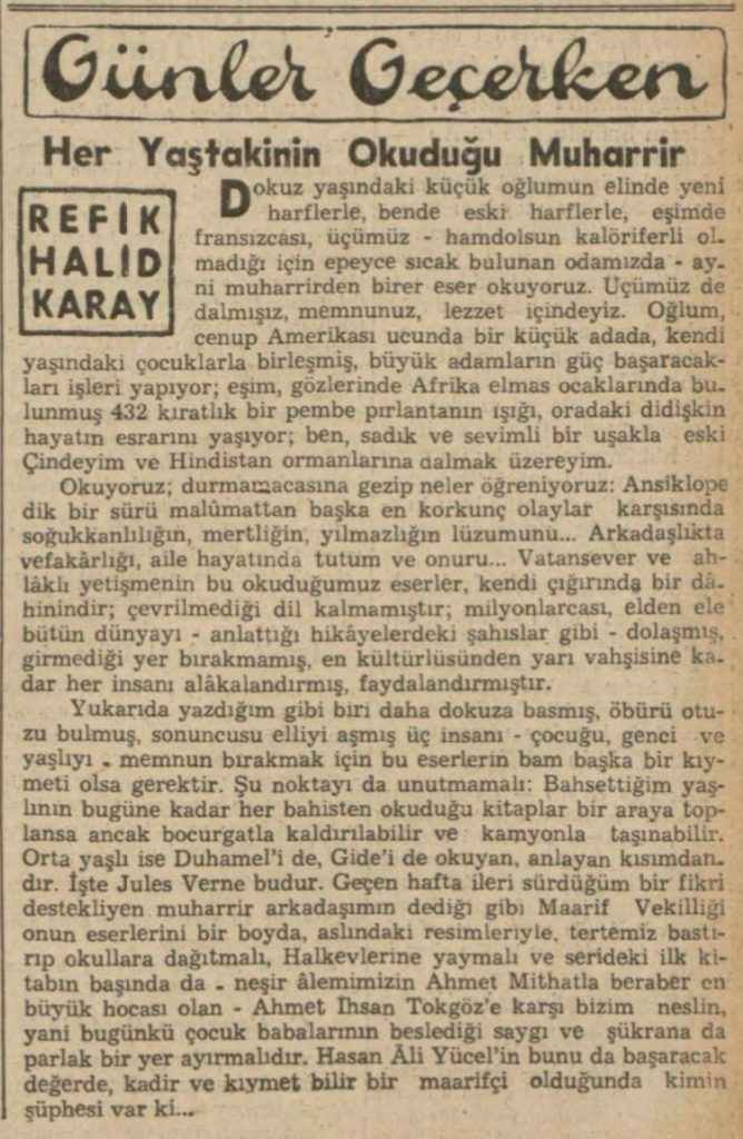 Refik Halit'in, Jules Verne'ü zevkle okuduğunu, ailesinin de bu zevke eşlik ettiğini söylediği yazısı.