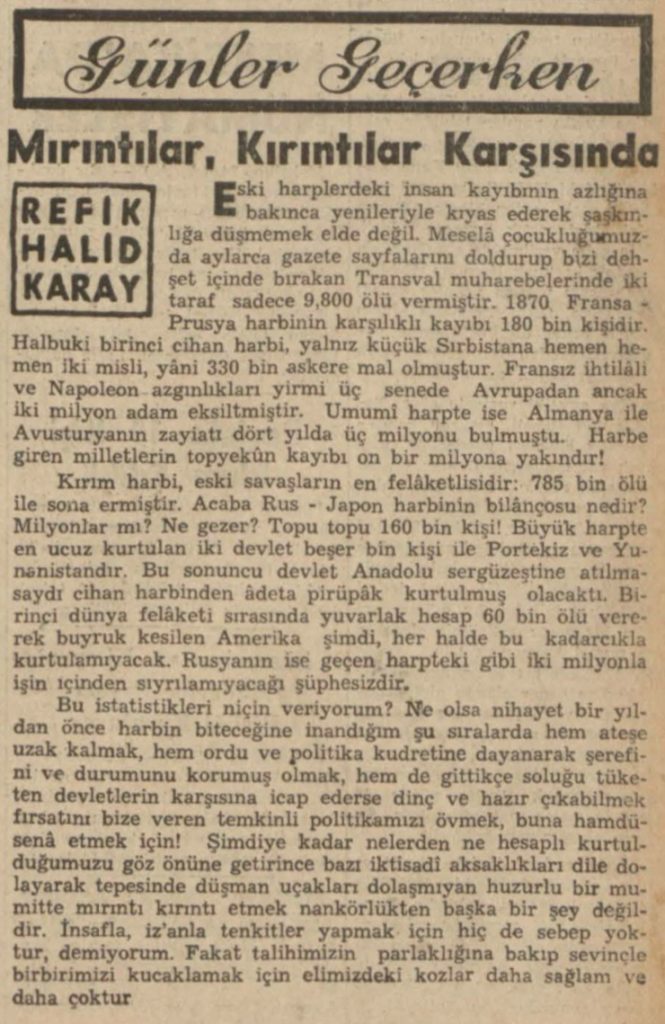 Refik Halit'in "Mırıntılar, kırıntılar karşısında" başlıklı yazısı