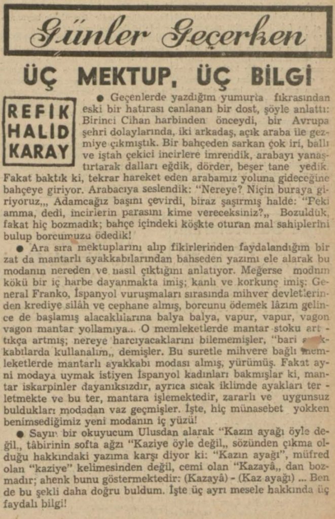 Refik Halit'in "Üç mektup üç bilgi" başlıklı yazısı