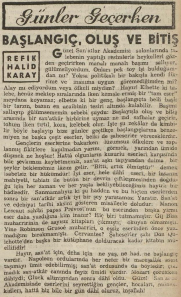 Refik Halit'in "Başlangıç, oluş ve bitiş" başlıklı yazısı