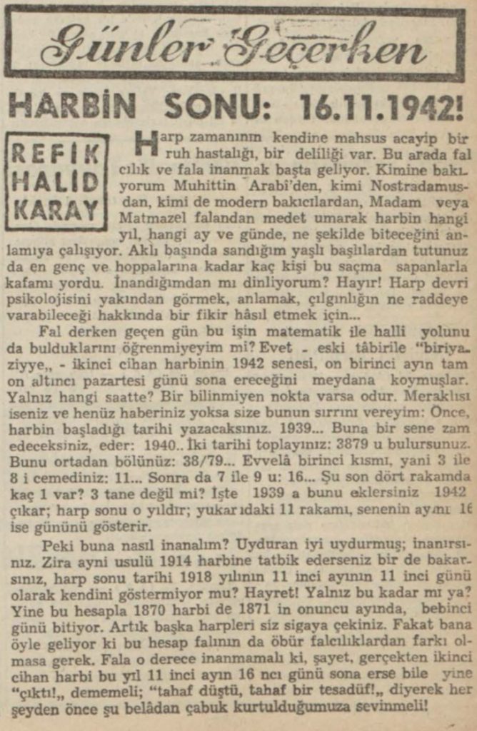 Refik Halit'in "Harbin sonu: 16.11.1942" başlıklı yazısı