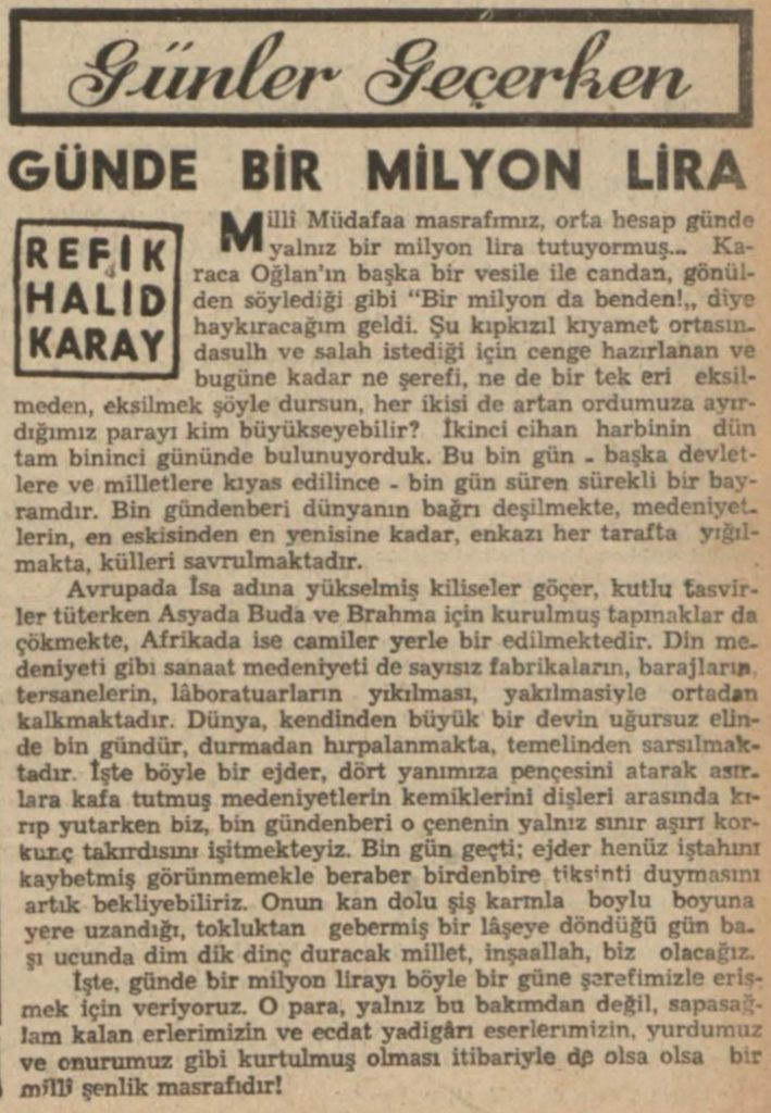 Refik Halit'in "Günde bir milyon lira" başlıklı yazısı