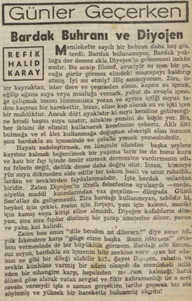Refik Halit'in "Bardak buhranı ve Diyojen" başlıklı yazısı