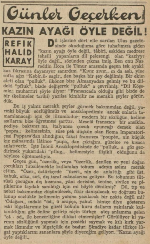 Refik Halit'in bazı deyişlerin kökeninden bahsettiği, Türkiye'de o ana kadar kelimelerin tarihini işleyen bir kitabın olmadığını, olması gerektiğini söylediği yazısı.