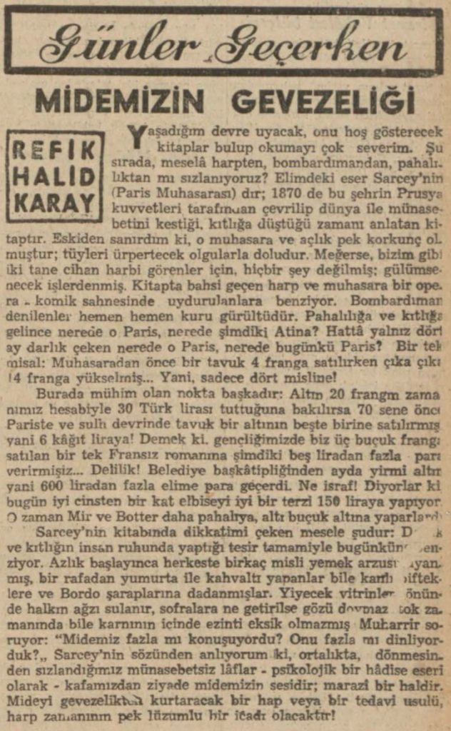 Refik Halit'in "Midemizin gevezeliği" başlıklı yazısı