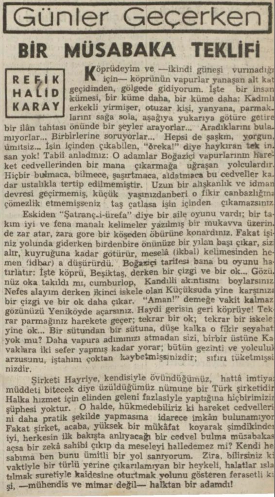 Refik Halit'in "Bir müsabaka teklifi" başlıklı yazısı