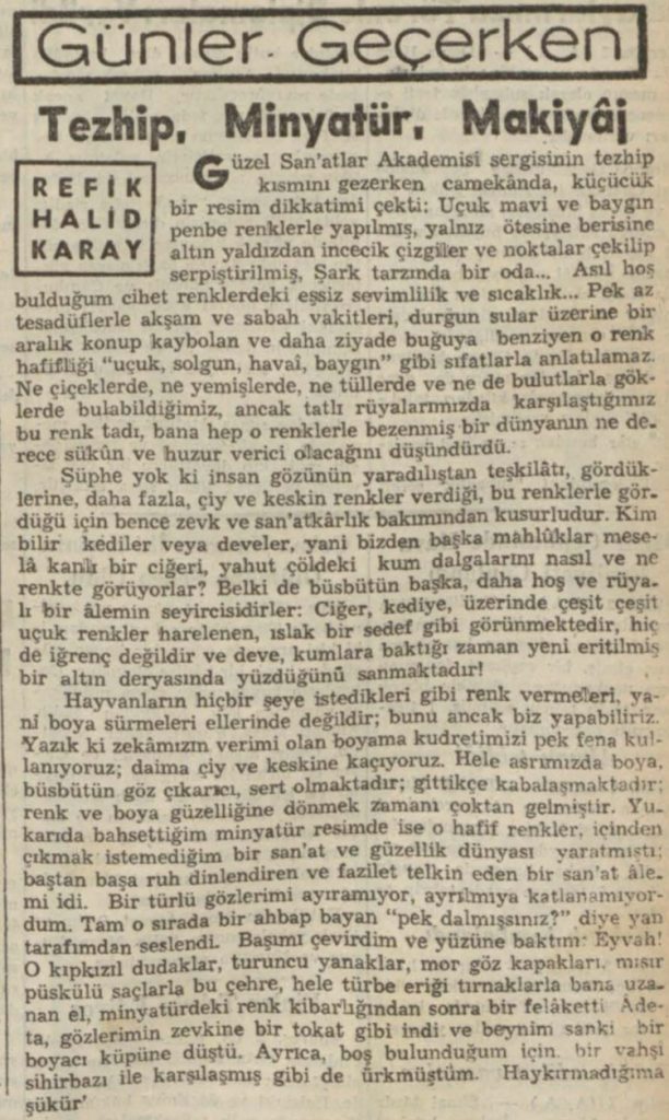 Refik Halit'in "Tezhip, minyatür, makyaj" başlıklı yazısı
