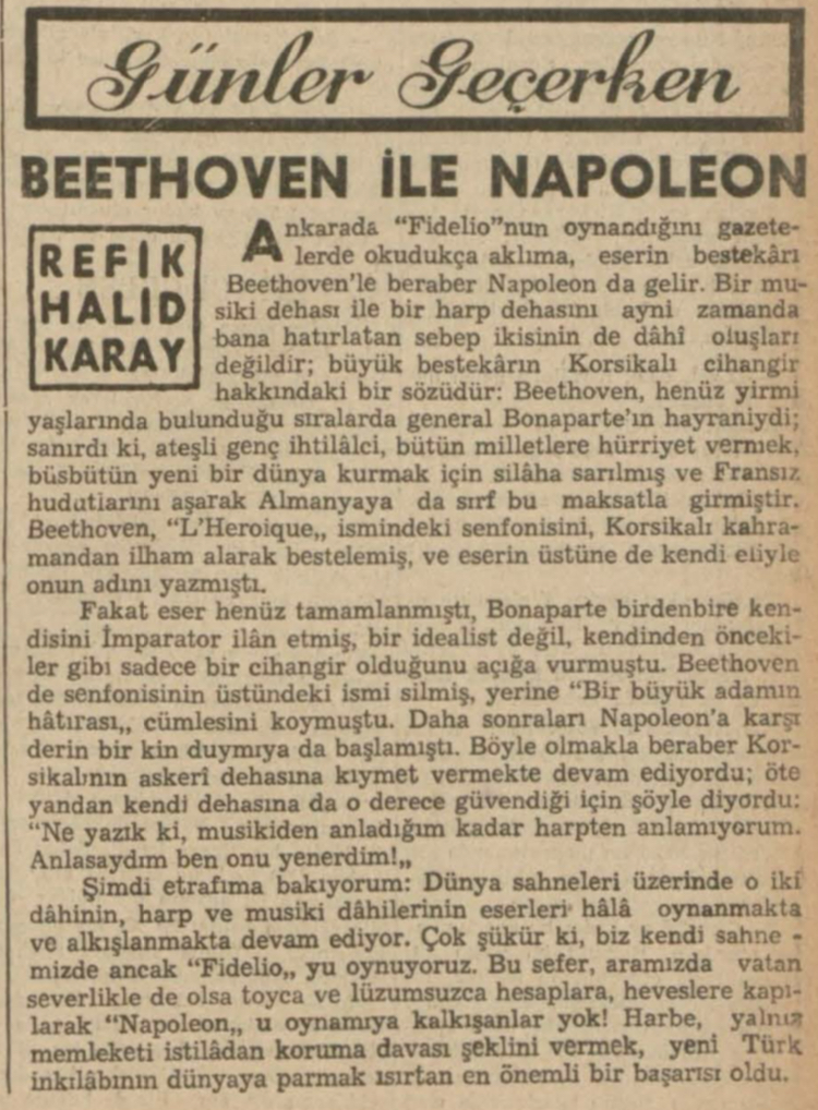 Refik Halit'in "Beethoven ve Napoleon" başlıklı yazısı