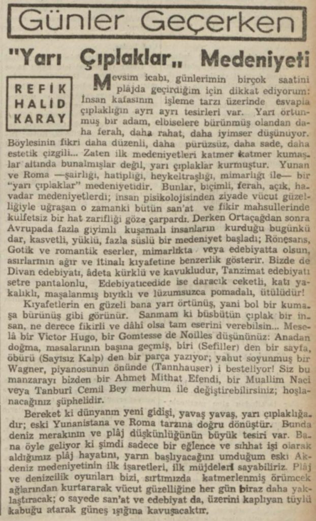 Refik Halit'in "Yarıçıplaklar medeniyeti" başlıklı yazısı