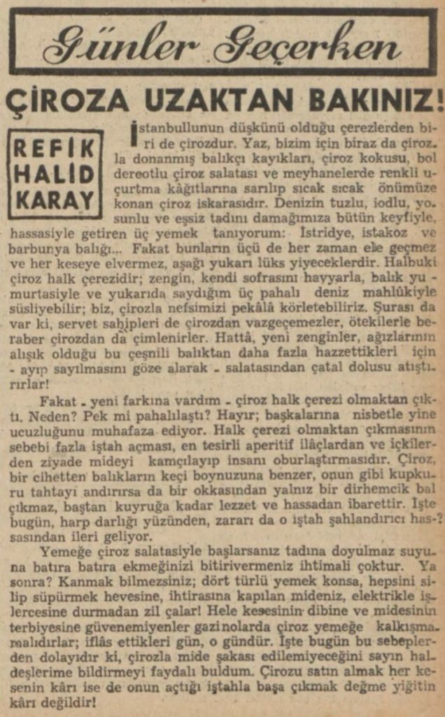 Refik Halit'in "Çiroza uzaktan bakınız" başlıklı yazısı
