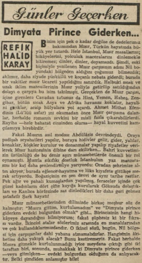 Refik Halid'in "Dimyata pirince giderken" başlıklı yazısı