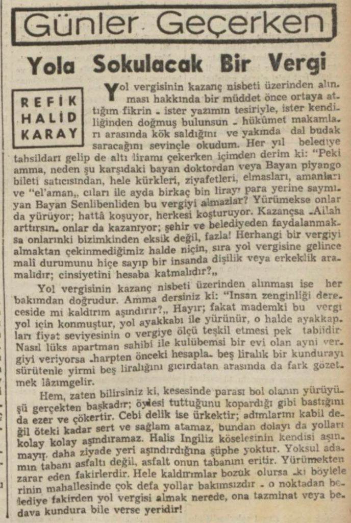 Refik Halit'in "Yola sokulacak bir vergi" başlıklı yazısı