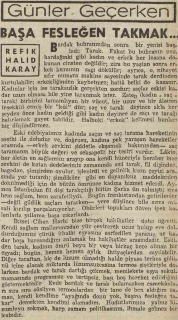 Refik Halit'in "Başa fesleğen takmak" başlıklı yazısı